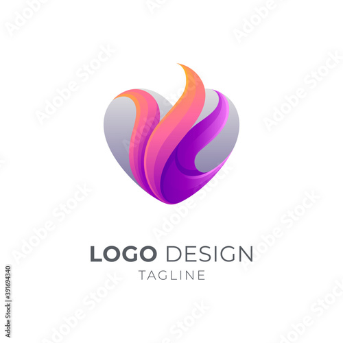 Fire heart logo, Passionate love vector, 3d gradient color logo style