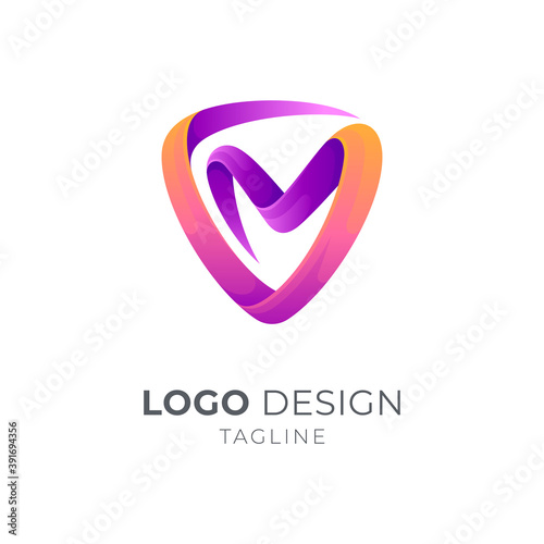 Shield letter VM/MV logo concept, 3d ribbon logo style, gradient glossy colors