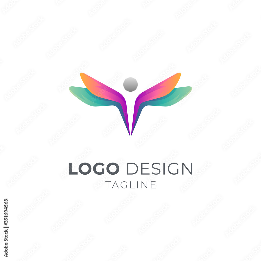 Fototapeta premium Dragonfly human logo concept, 3d gradient vibrant colors logo style