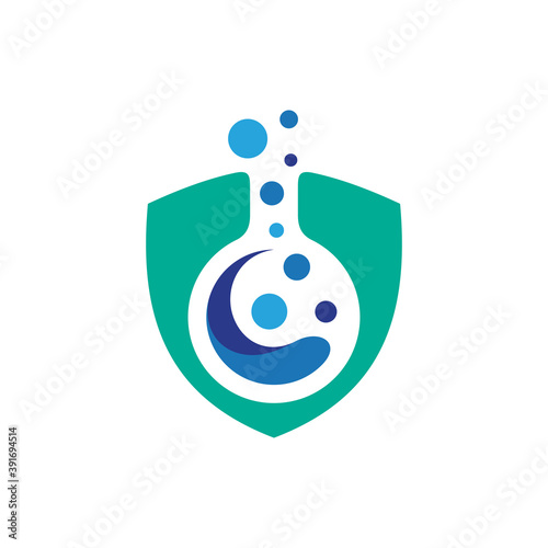 Shield laboratory logo. Secure chemical label icon. Scientific discovery logo vector
