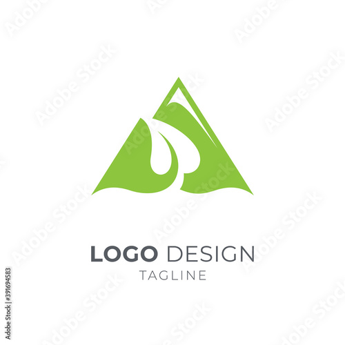 Mountain leaf logo, Green hill landscape logo vector