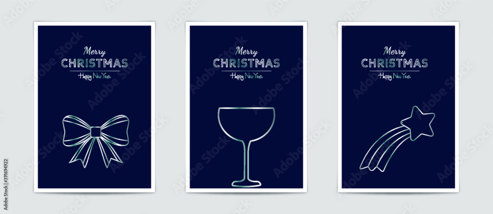 Fototapeta premium Merry Christmas modern card set elements greeting text lettering blue background.