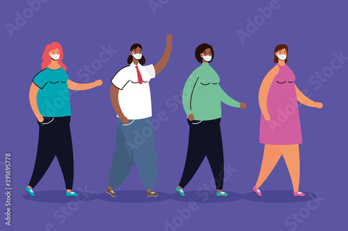 interracial women group practicing social distancing characters