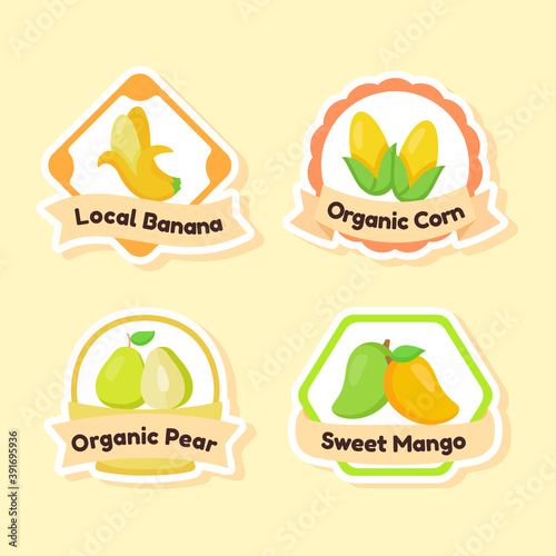 Fruit label element local banana organic corn organic pear sweet mango with flat style