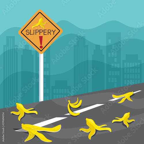 Many Banana Peel On Street With Warning Sign Of Person Slippery, illustration vector cartoon