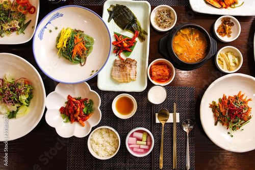 Top view image of Korean traditional full course set meal with a lot of side dishes