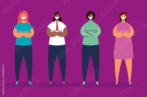 interracial women group practicing social distancing characters