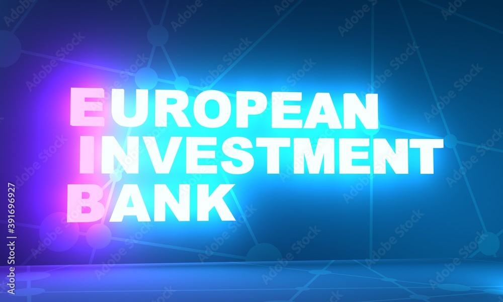 EIB - European investment bank acronym. Business concept background. 3D rendering. Neon bulb illumination