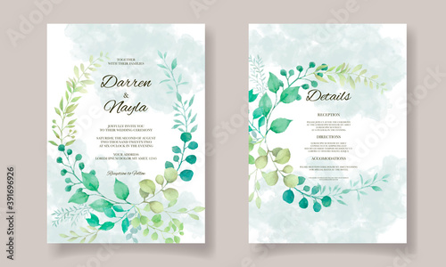 Elegant wedding invitation template with watercolor leaves