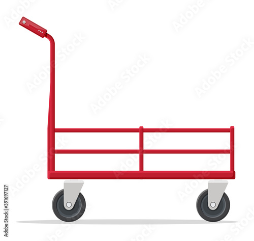 Empty barrow isolated on white. Metallic four wheeled trolley. Hand truck dolly icon. Transportation of goods, warehouse equipment. Cartoon flat vector illustration