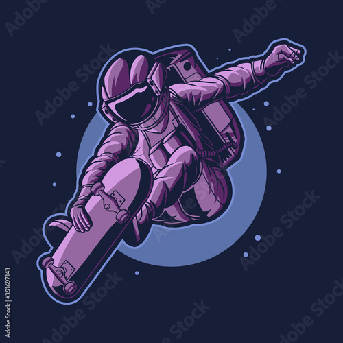 astronaut skateboarding on space with moon background