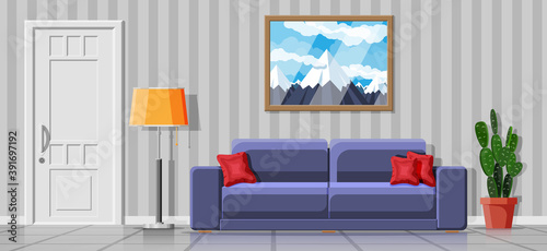 Interior of modern living room. Sofa, plant, picture of mountain, lamp and door. Home decor. Interior for relax and work. Inside of house. Cartoon flat vector illustration