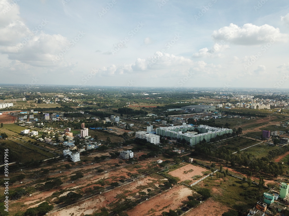 Aerial lake view of the buildings in the center of Bangalore city 