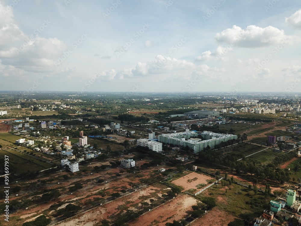 Aerial lake view of the buildings in the center of Bangalore city 