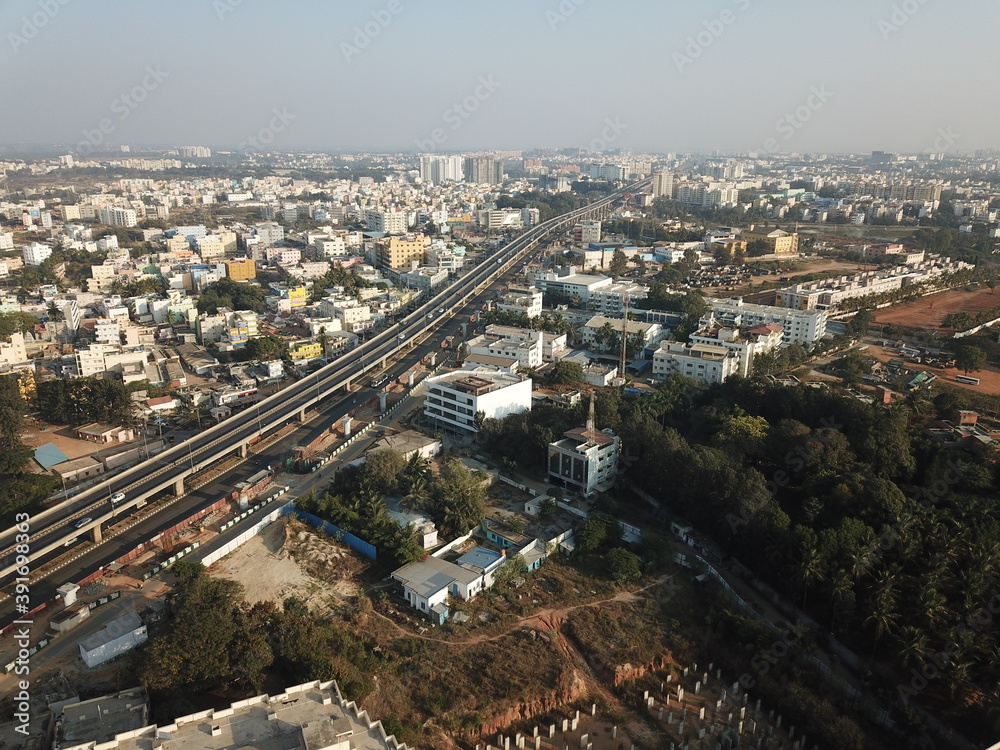 Aerial lake view of the buildings in the center of Bangalore city 