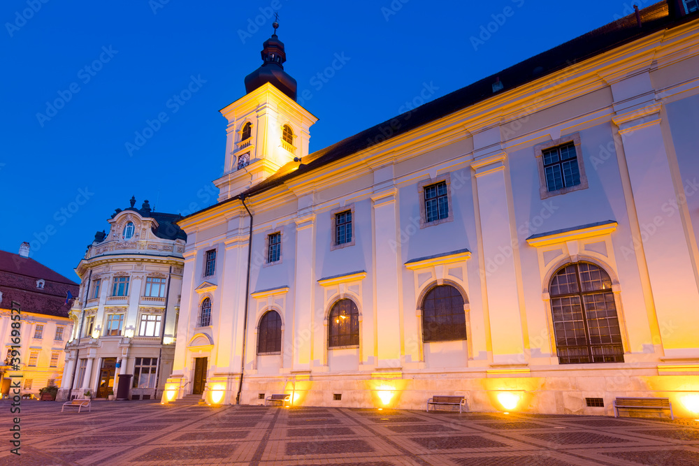 Image of City hall of Sibiu in hight light in Romania.