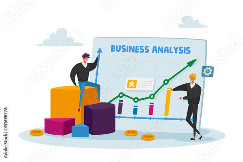 Tiny Business Characters Stand at Huge Analytics Graph with Growing Arrow and Financial Statistics, Analysing Big Data