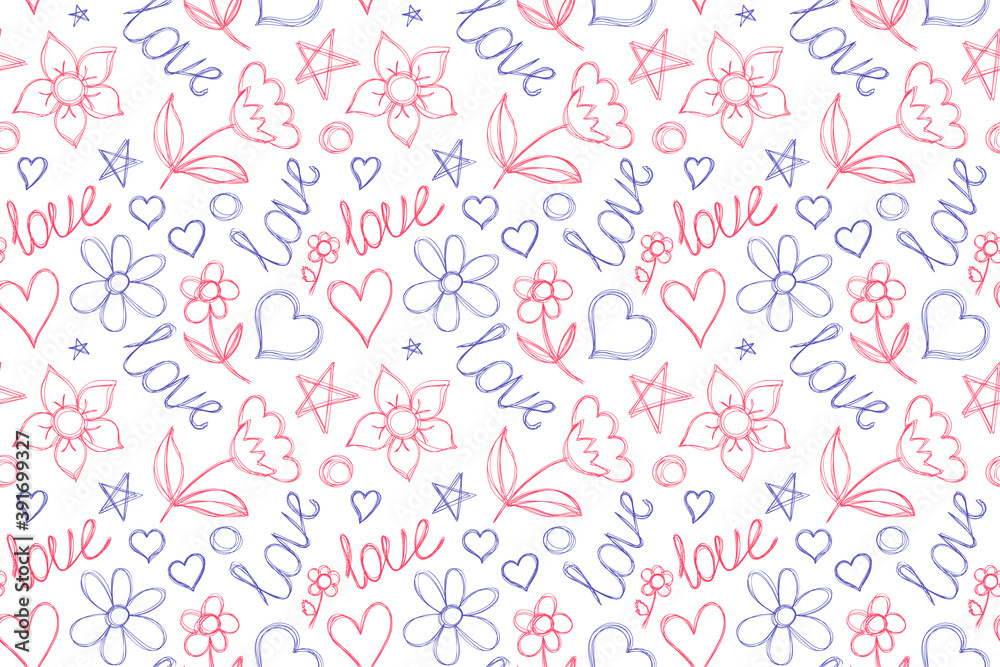 Hearts and love. Seamless pattern. Hand drawn flowers and stars. Vector illustration. Pen or marker doodle sketch. Repeat contour drawing.