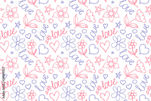 Hearts and love. Seamless pattern. Hand drawn flowers and stars. Vector illustration. Pen or marker doodle sketch. Repeat contour drawing.