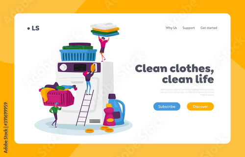 Launderette Wash Service Landing Page Template. Tiny Characters Visiting Public Laundry, People and Washing Machine