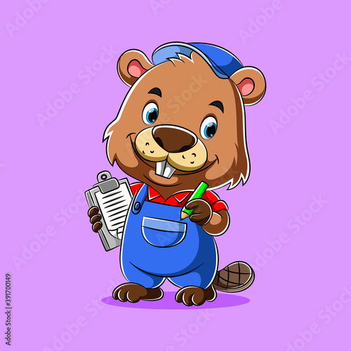 The delivery courier beaver holding the pen and the paper to check the costumer