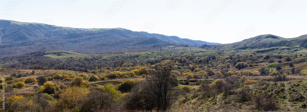 Mountain landscape panorama. Yellow foliage, autumn