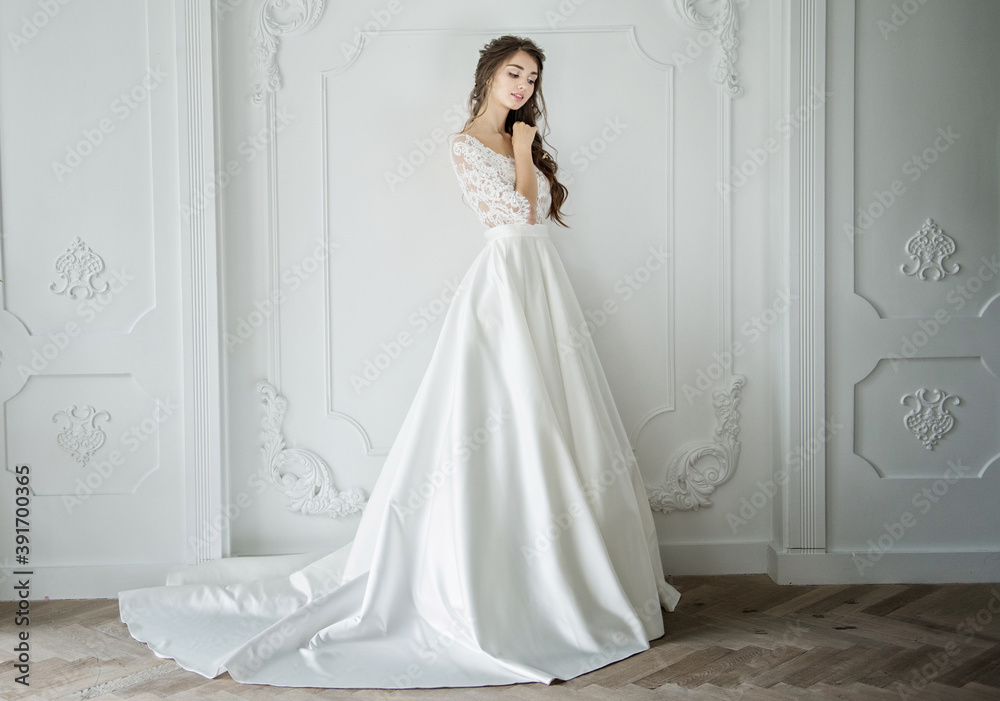 Portrait of a young bride in a fashionable wedding dress with beautiful makeup and hairstyle Portrait of a young bride in a fashionable wedding dress with beautiful makeup and hairstyle