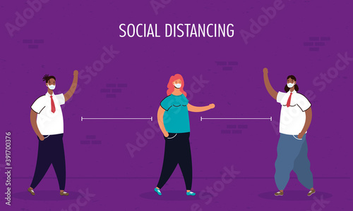 interracial people group practicing social distancing characters