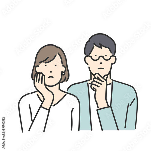考え事をしている若い夫婦・カップル　上半身イラスト素材