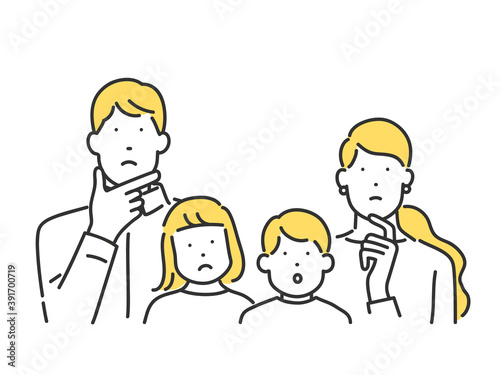 考えごとをする小さな子どものいる家庭・若いファミリー　上半身イラスト素材
