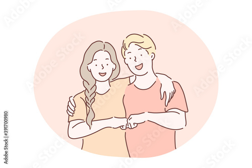 Friendship, friends forever concept. Smiling positive boy and girl teens standing, hugging each other and expressing friendship gesture with fists. Meeting, social sign, gesture vector illustration 