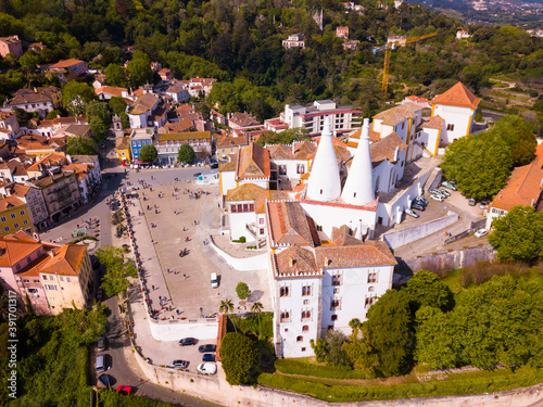 Aerial view of impressive Sintra National Palace Portugal, Europe..