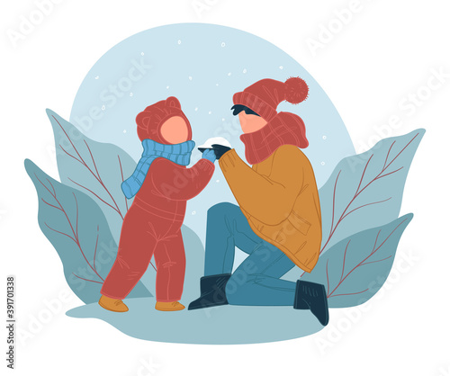 Mom and kid making snowball outdoors winter vector