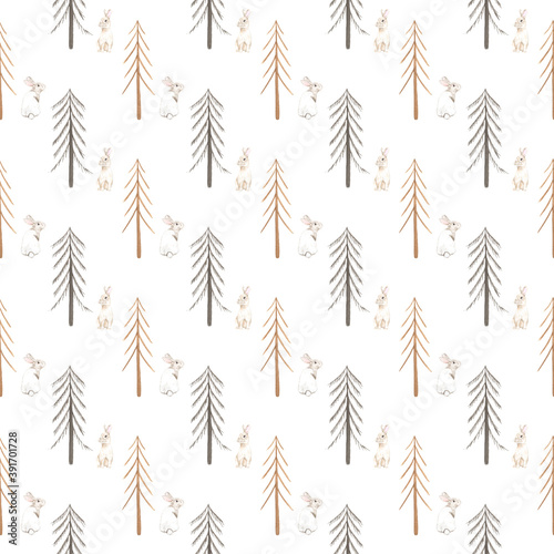 Watercolor seamless forest pattern with white hares among the trees. Perfect for printing  textile  web design  souvenirs and many other creative projects.