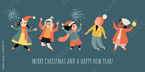 Vector congratulatory banner for Christmas and New Year with cute kids in santa hats with sparklers.