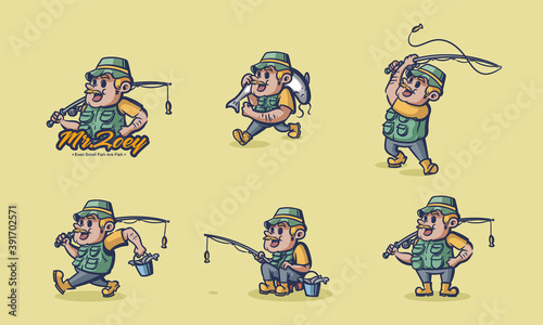 Foto fisherman cartoon badges with vintage fishing rods