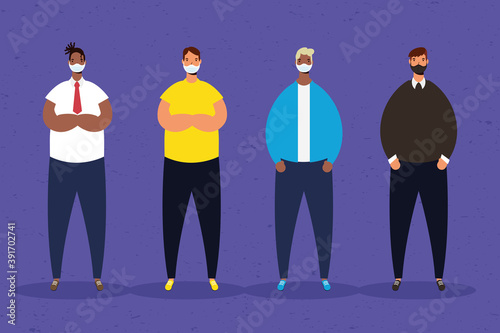 interracial men group practicing social distancing characters