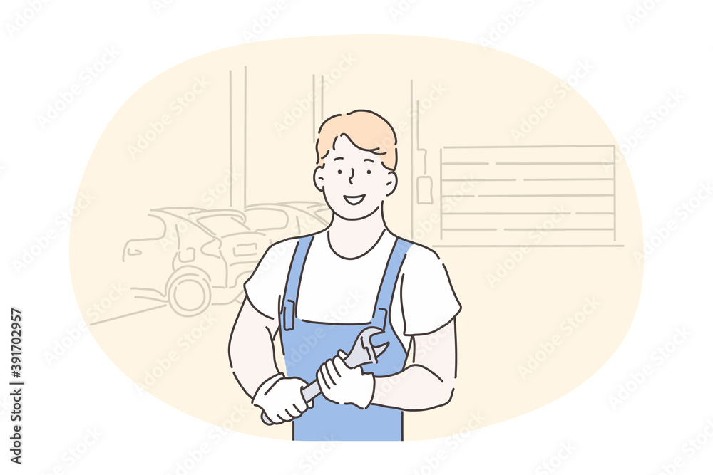 Mechanic, auto repairing salon, auto-fitter, repairman, technician concept. Young smiling repairman in working uniform cartoon character standing wrench for repairing in hands in car service 