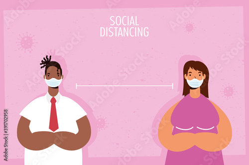 interracial couple practicing social distancing characters