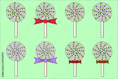 Set of Christmas striped swirl candies in flat design technique. Holiday sweets and treats icons