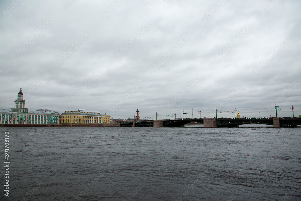 Embankment of the river Neva on a cloudy day, Petersburg, Russia.