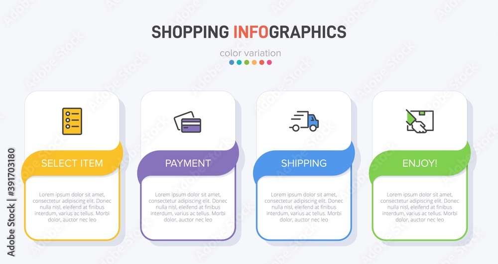 Fototapeta premium Concept of shopping process with 4 successive steps. Four colorful graphic elements. Timeline design for brochure, presentation, web site. Infographic design layout.