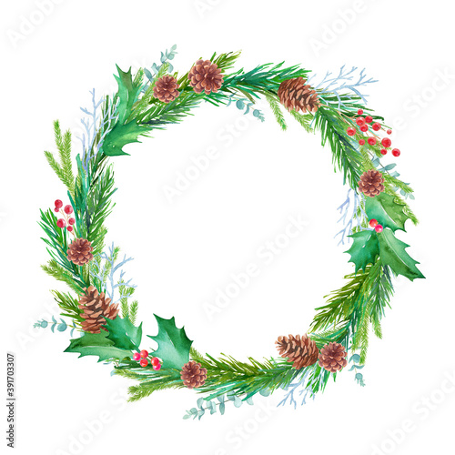松毬、もみの枝、西洋柊などのクリスマス装飾の水彩イラスト。リース。