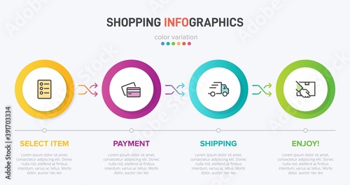 Concept of shopping process with 4 successive steps. Four colorful graphic elements. Timeline design for brochure, presentation, web site. Infographic design layout.
