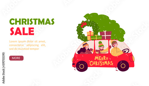 Cartoon family tree car for decoration design. Merry christmas flat vector landing page template.