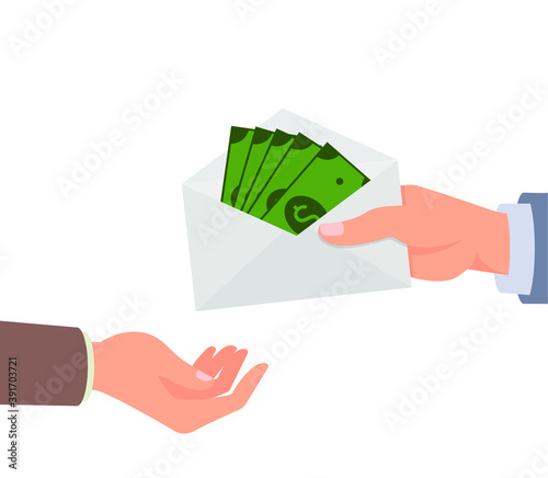 Bribe, corruption. The hand gives an envelope with money to the other hand. Vector illustration, flat cartoon color minimal design isolated on white background, eps 10.