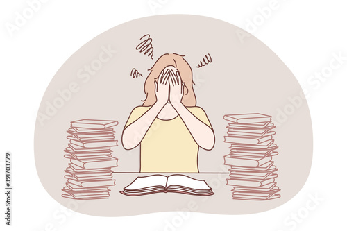 Stress, overwork, overload, burnout concept. Young unhappy frustrated woman cartoon character sitting with heap of books or working documents, covering face with hands and feeling stress tiredness 
