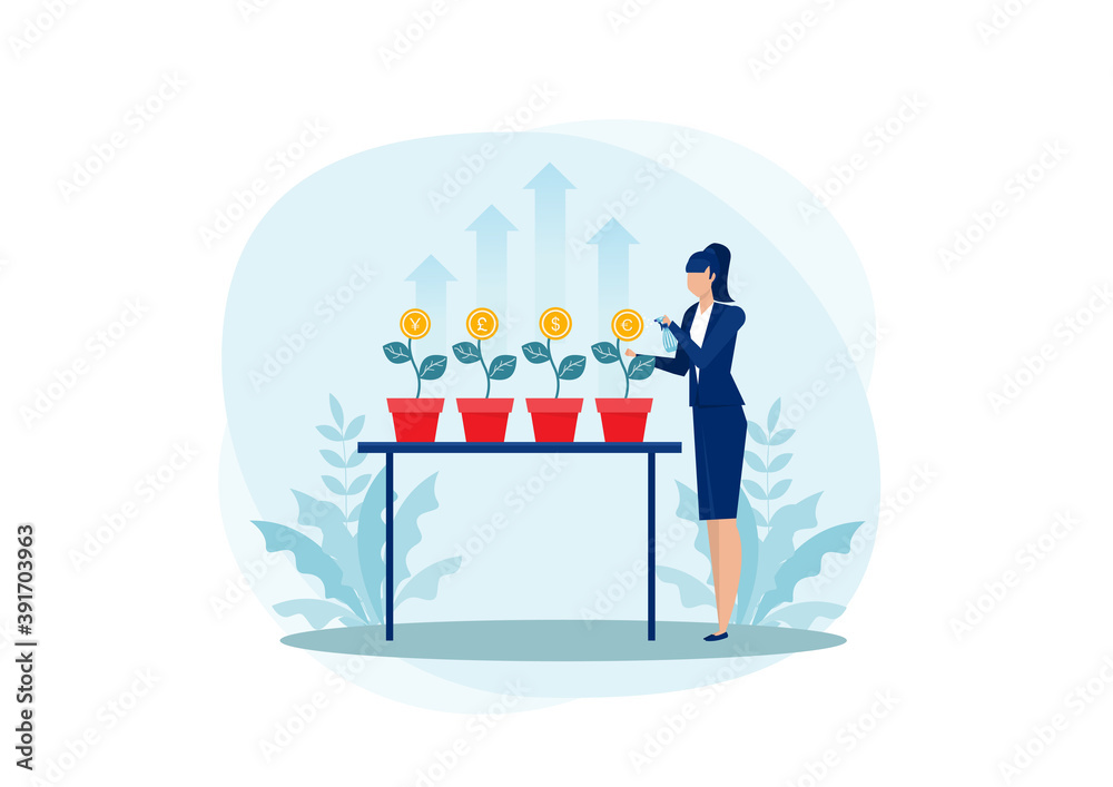 Naklejka premium woman watering trees growing invest of the US dollar the euro and the Ukrainian hryvnia trees growing in pots topsy-dipping with watering cans. Spray.
