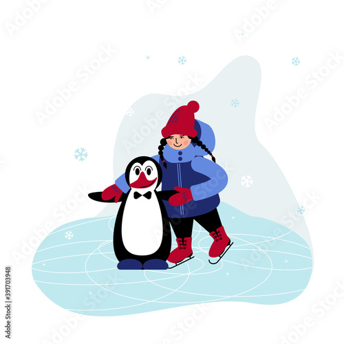 In Winter girl is learning to Skate on ice and cute little Penguin helps her not to fall. © Ilona