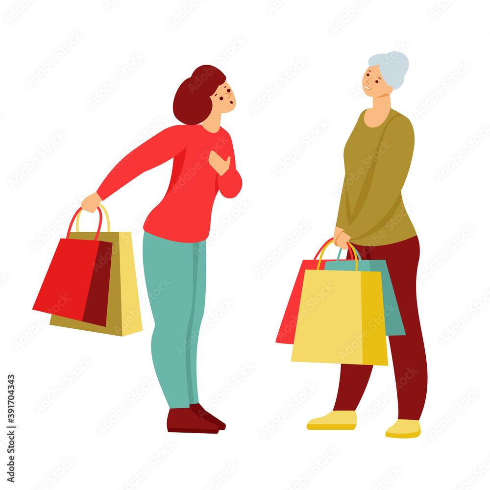 Two women with shopping bags are talking emotionally. Vector illustration. Isolated on white.